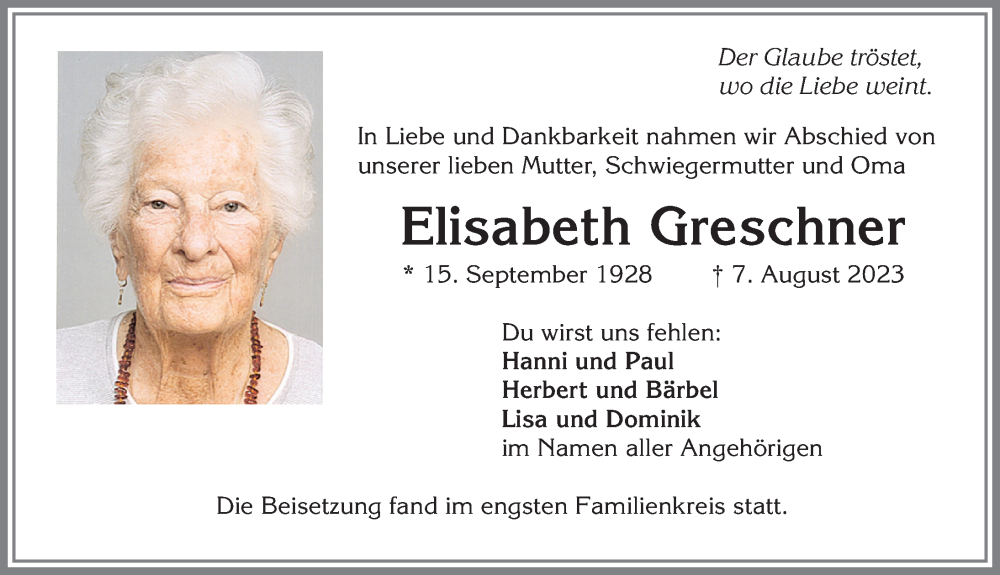  Traueranzeige für Elisabeth Greschner vom 21.08.2023 aus Allgäuer Zeitung, Marktoberdorf