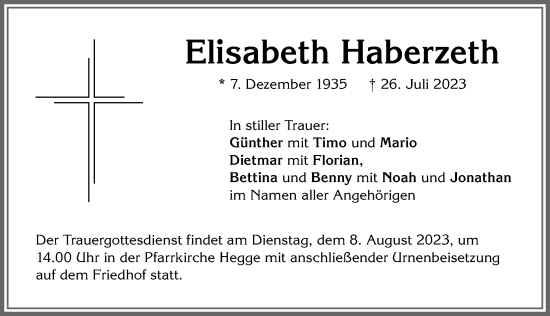 Traueranzeige von Elisabeth Haberzeth von Allgäuer Zeitung,Kempten