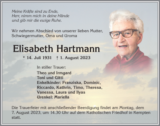 Traueranzeige von Elisabeth Hartmann von Allgäuer Zeitung,Kempten