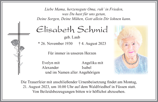 Traueranzeige von Elisabeth Schmid von Allgäuer Zeitung, Füssen