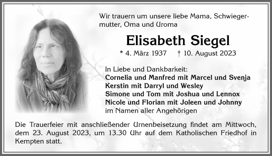 Traueranzeige von Elisabeth Siegel von Allgäuer Zeitung,Kempten