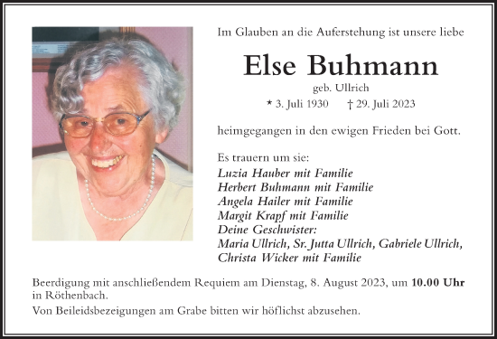 Traueranzeige von Else Buhmann von Der Westallgäuer