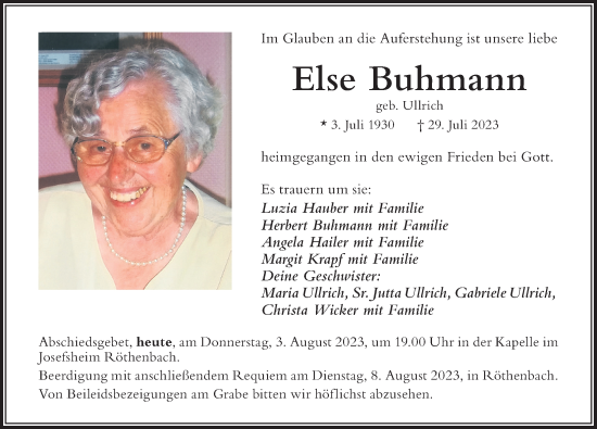 Traueranzeige von Else Buhmann von Der Westallgäuer