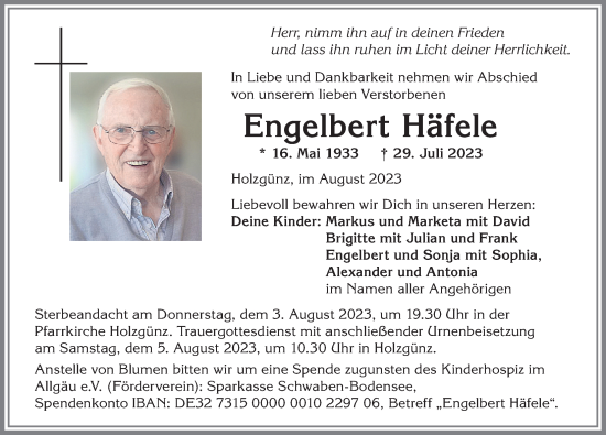 Traueranzeige von Engelbert Häfele von Memminger Zeitung