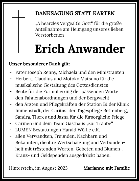 Traueranzeige von Erich Anwander von Allgäuer Anzeigeblatt