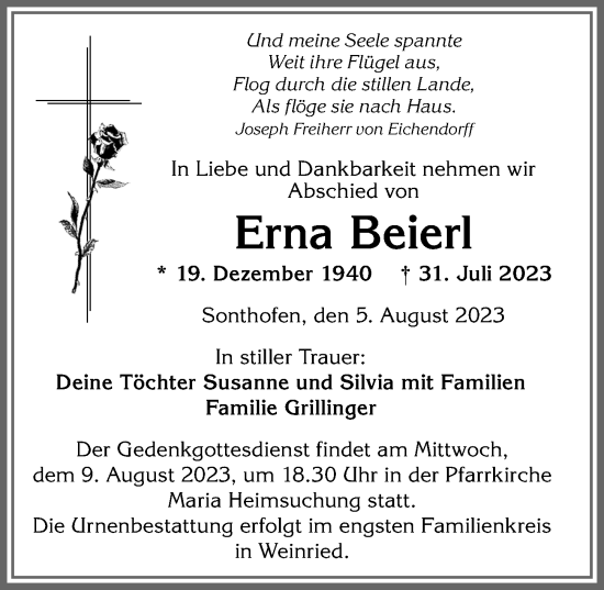 Traueranzeige von Erna Beierl von Allgäuer Anzeigeblatt