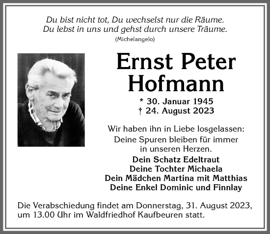 Traueranzeige von Ernst Peter Hofmann von Allgäuer Zeitung, Kaufbeuren/Buchloe