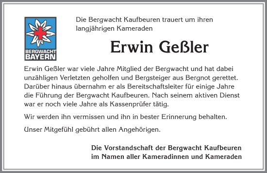 Traueranzeige von Erwin Geßler von Allgäuer Zeitung, Kaufbeuren/Buchloe