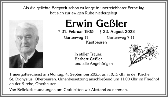 Traueranzeige von Erwin Geßler von Allgäuer Zeitung, Kaufbeuren/Buchloe