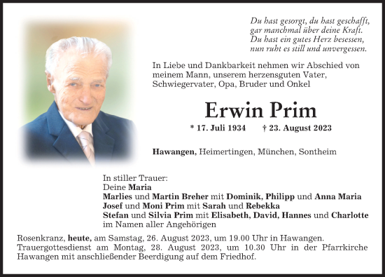 Traueranzeige von Erwin Prim von Memminger Zeitung