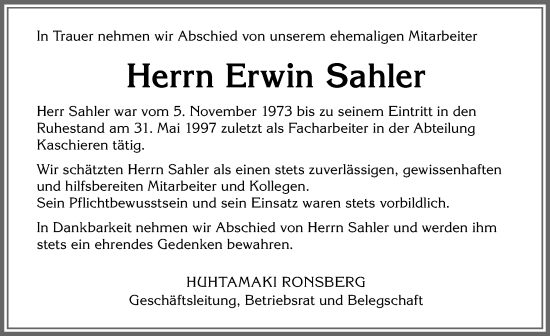 Traueranzeige von Erwin Sahler von Memminger Zeitung