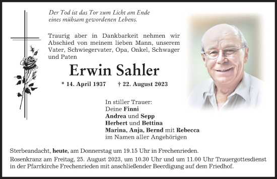 Traueranzeige von Erwin Sahler von Memminger Zeitung