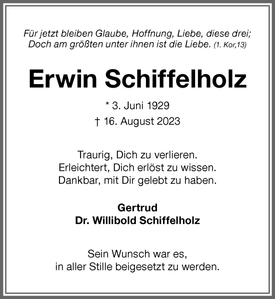 Traueranzeige von Erwin Schiffelholz von Memminger Zeitung