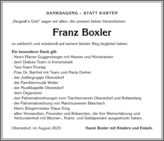 Traueranzeige von Franz Boxler von Allgäuer Anzeigeblatt