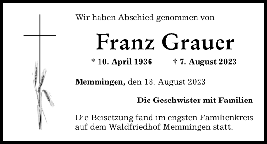 Traueranzeige von Franz Grauer von Memminger Zeitung
