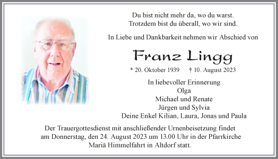 Traueranzeige von Franz Lingg von Allgäuer Zeitung, Marktoberdorf