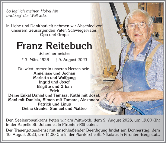Traueranzeige von Franz Reitebuch von Allgäuer Zeitung, Füssen