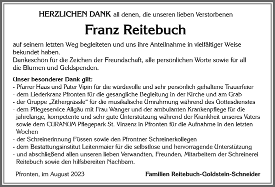 Traueranzeige von Franz Reitebuch von Allgäuer Zeitung, Füssen