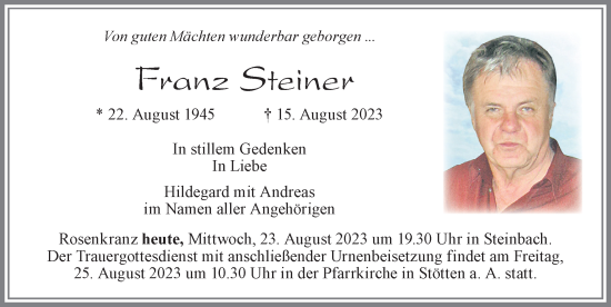 Traueranzeige von Franz Steiner von Allgäuer Zeitung, Marktoberdorf