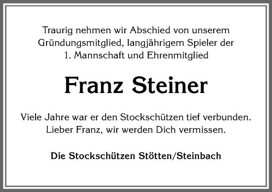 Traueranzeige von Franz Steiner von Allgäuer Zeitung, Marktoberdorf