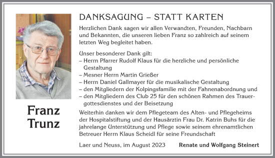 Traueranzeige von Franz Trunz von Allgäuer Zeitung, Kaufbeuren/Buchloe