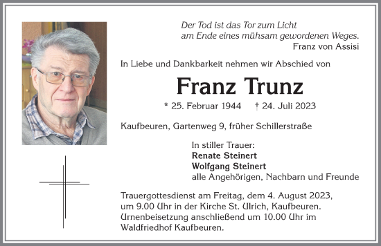 Traueranzeige von Franz Trunz von Allgäuer Zeitung, Kaufbeuren/Buchloe