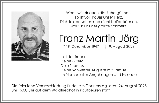 Traueranzeige von Franz Martin Jörg von Allgäuer Zeitung, Kaufbeuren/Buchloe
