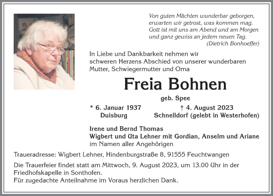 Traueranzeige von Freia Bohnen von Allgäuer Anzeigeblatt