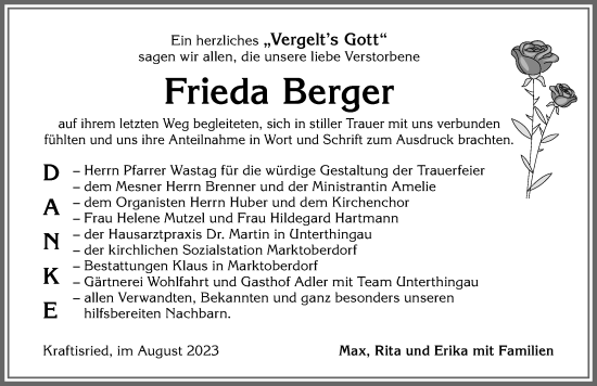 Traueranzeige von Frieda Berger von Allgäuer Zeitung, Marktoberdorf