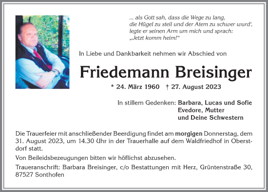 Traueranzeige von Friedemann Breisinger von Allgäuer Anzeigeblatt