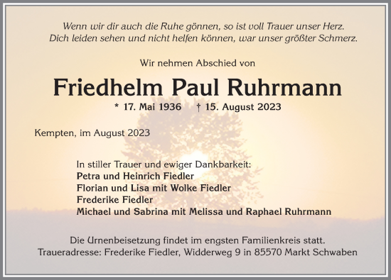 Traueranzeige von Friedhelm Paul Ruhrmann von Allgäuer Zeitung,Kempten