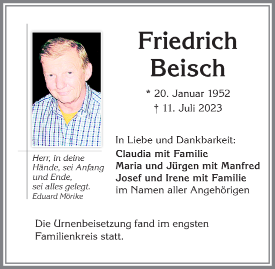 Traueranzeige von Friedrich Beisch von Allgäuer Zeitung,Kempten