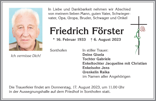 Traueranzeige von Friedrich Förster von Allgäuer Anzeigeblatt