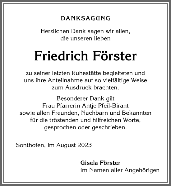 Traueranzeige von Friedrich Förster von Allgäuer Anzeigeblatt