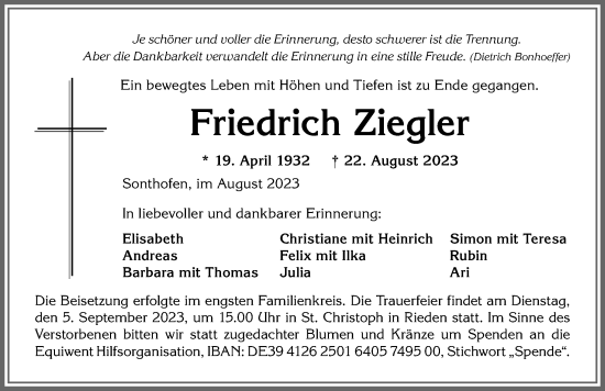 Traueranzeige von Friedrich Ziegler von Allgäuer Anzeigeblatt