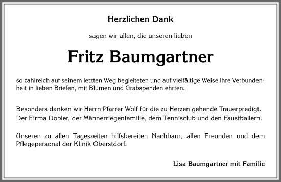 Traueranzeige von Fritz Baumgartner von Allgäuer Anzeigeblatt