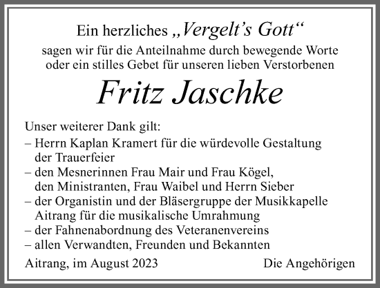 Traueranzeige von Fritz Jaschke von Allgäuer Zeitung, Marktoberdorf