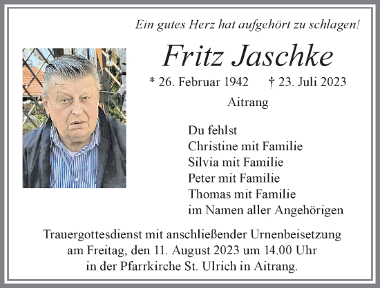 Traueranzeige von Fritz Jaschke von Allgäuer Zeitung, Kaufbeuren/Buchloe