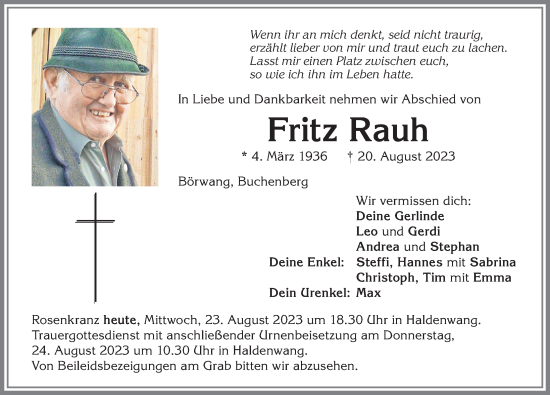 Traueranzeige von Fritz Rauh von Allgäuer Zeitung,Kempten