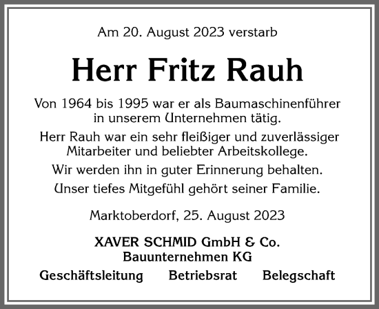 Traueranzeige von Fritz Rauh von Allgäuer Zeitung, Marktoberdorf