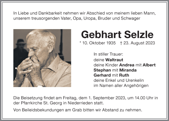 Traueranzeige von Gebhart Selzle von Memminger Zeitung