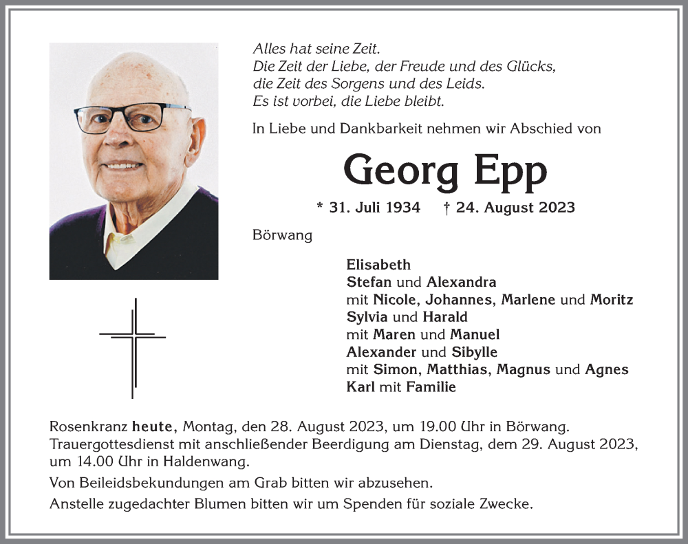 Traueranzeige für Georg Epp vom 28.08.2023 aus Allgäuer Zeitung,Kempten