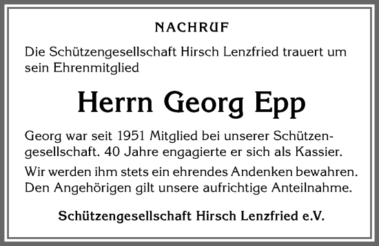 Traueranzeige von Georg Epp von Allgäuer Zeitung,Kempten