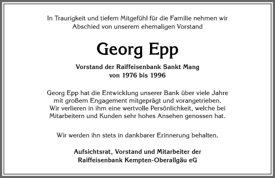 Traueranzeige von Georg Epp von Allgäuer Zeitung,Kempten