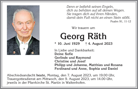 Traueranzeige von Georg Räth von Allgäuer Zeitung,Kempten