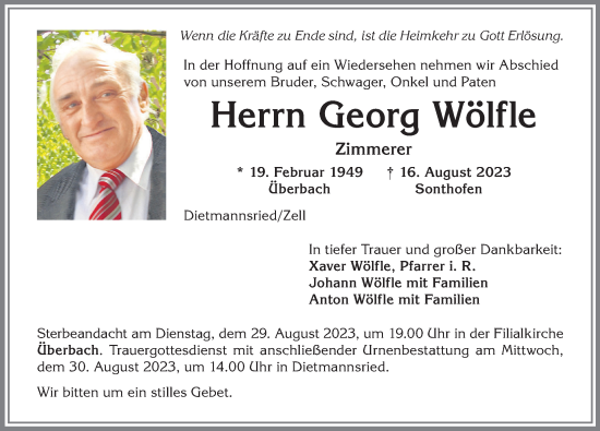 Traueranzeige von Georg Wölfle von Allgäuer Zeitung,Kempten