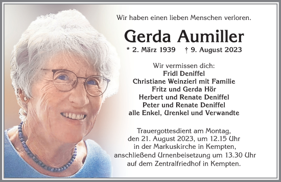 Traueranzeige von Gerda Aumiller von Allgäuer Zeitung, Kaufbeuren/Buchloe