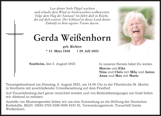 Traueranzeige von Gerda Weißenhorn von Memminger Zeitung