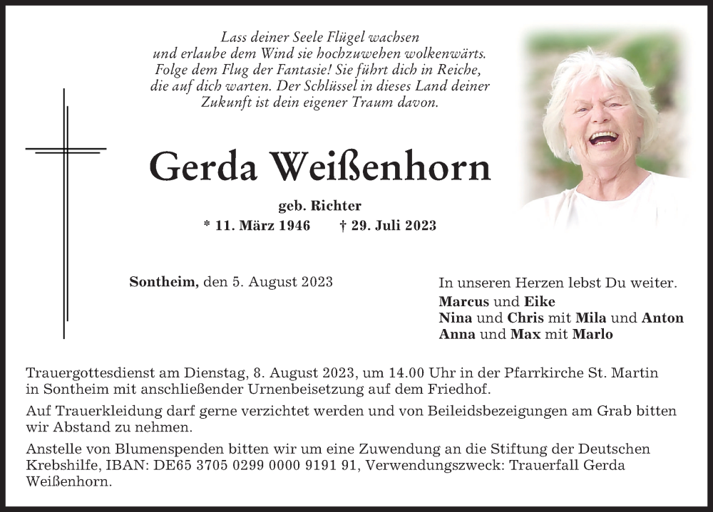  Traueranzeige für Gerda Weißenhorn vom 05.08.2023 aus Memminger Zeitung