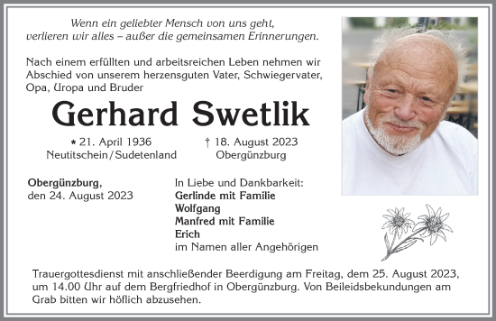 Traueranzeige von Gerhard Swetlik von Allgäuer Zeitung, Marktoberdorf